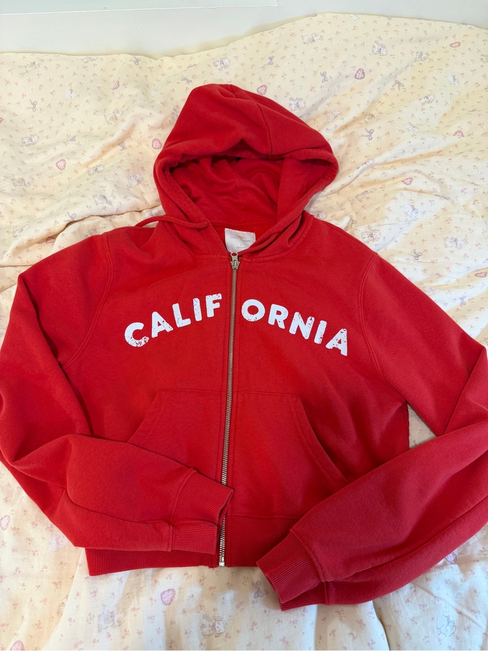 Red Hooded Zip-Up Jacket with "California" Graphic